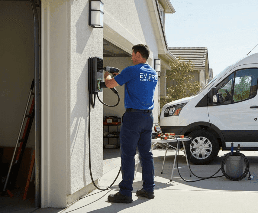 An EV.PRO technician installing a wall charger beside an electric van