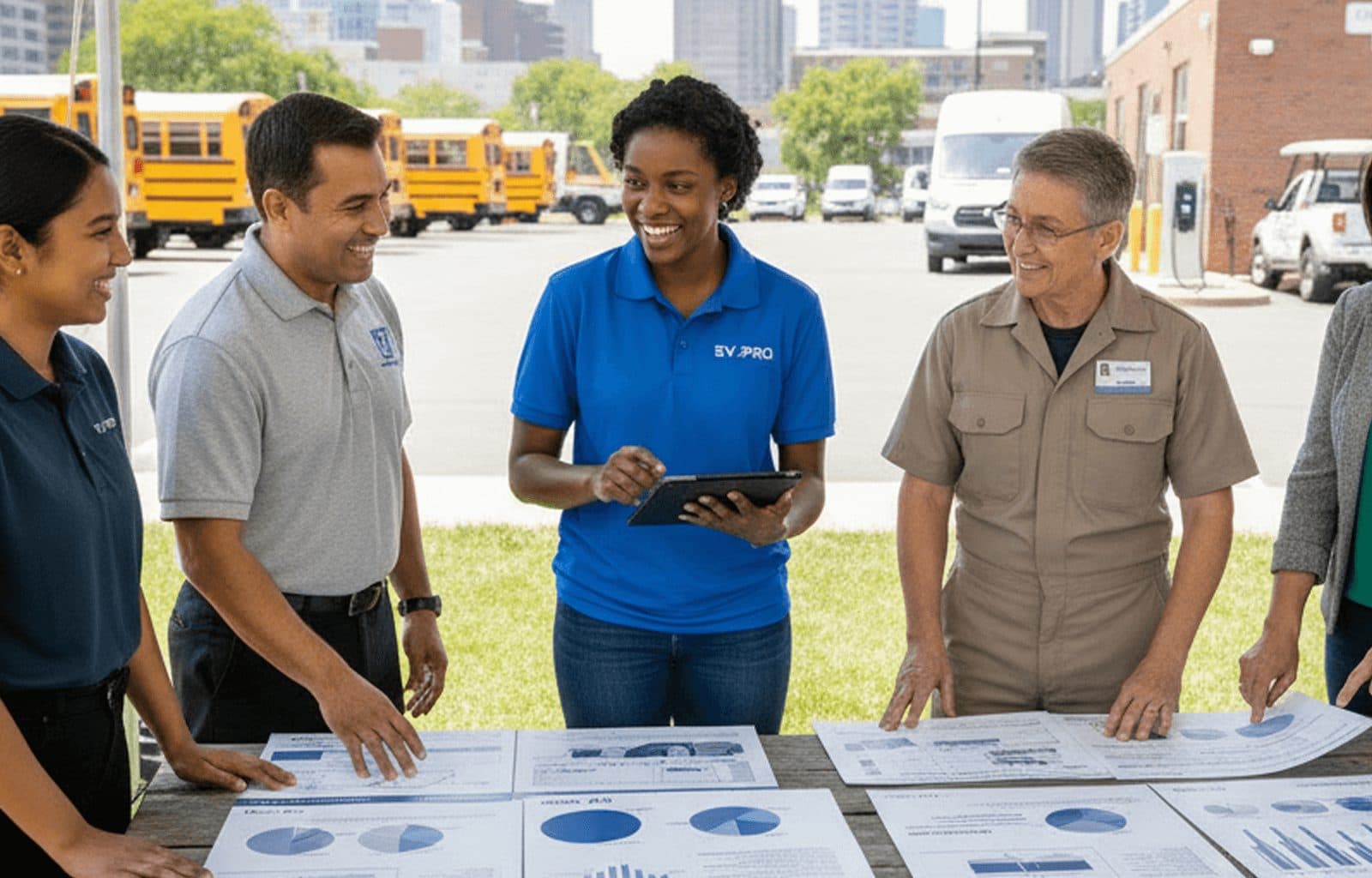 The EV.PRO fleet team reviewing electrification plans outdoors