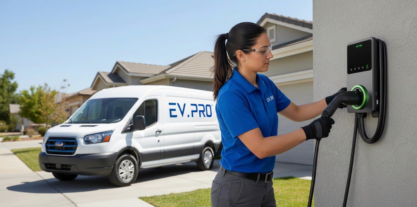 An EV.PRO technician plugging in a charger beside a branded fleet van